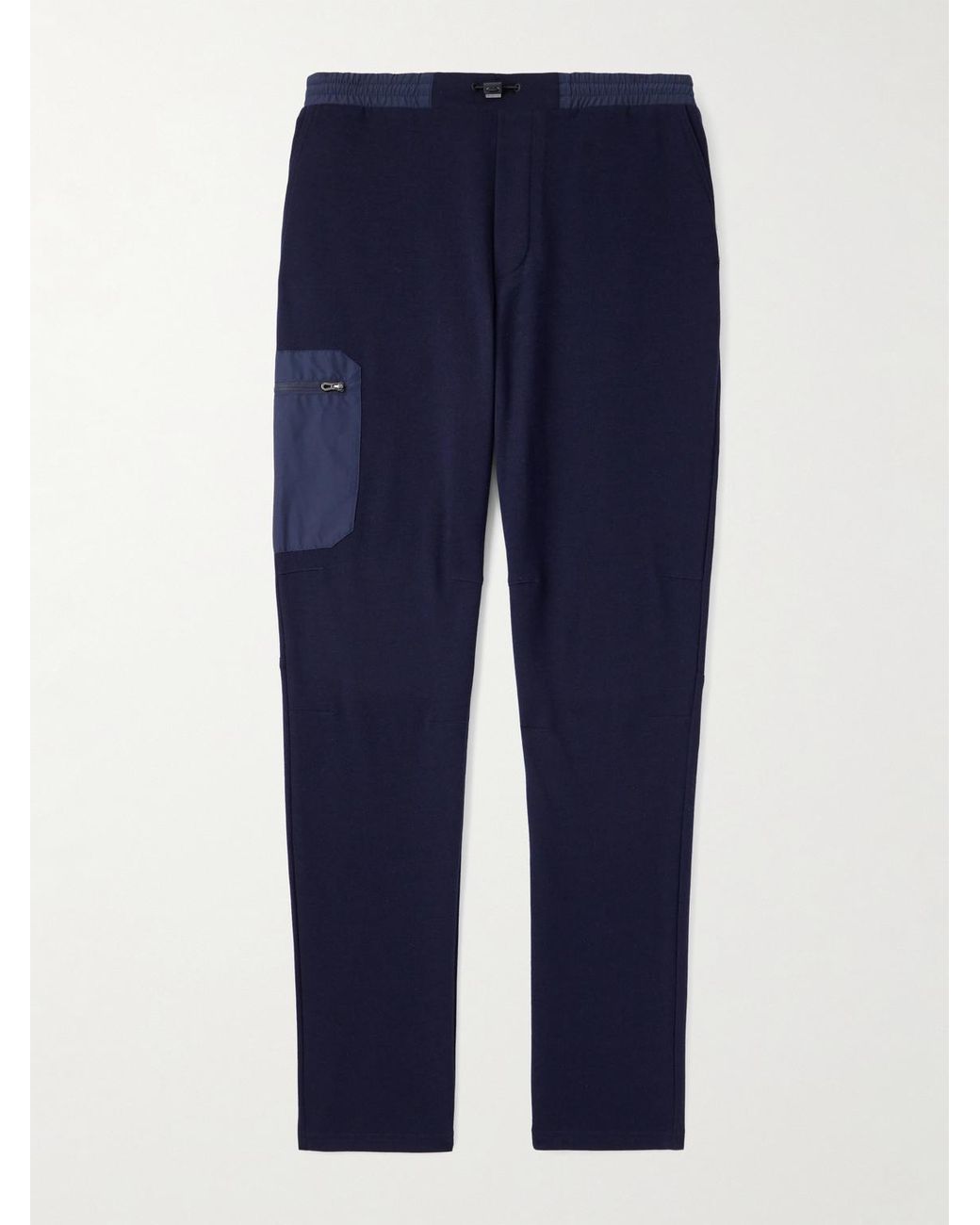 Sease Blue Straight-Leg Shell-Trimmed Wool-Blend Drawstring Trousers for men