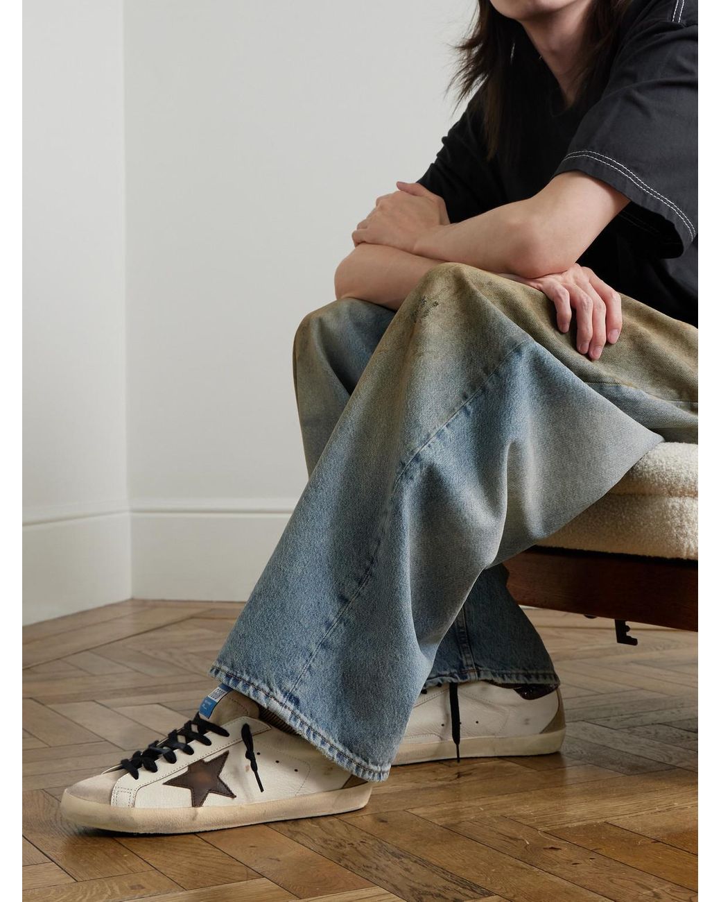 Golden Goose Deluxe Brand Natural Super-Star Distressed Croc-Effect And Suede-Trimmed Leather Sneakers for men