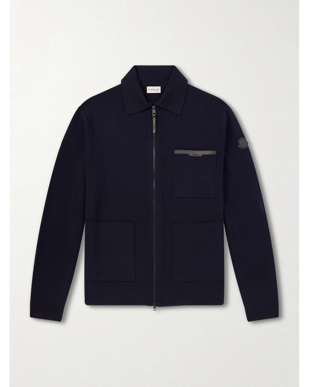 Moncler Blue Leather-Trimmed Virgin Wool Zip-Up Cardigan for men