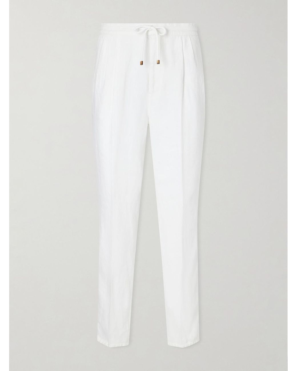 Brunello Cucinelli White Tapered Pleated Linen-twill Drawstring Trousers for men
