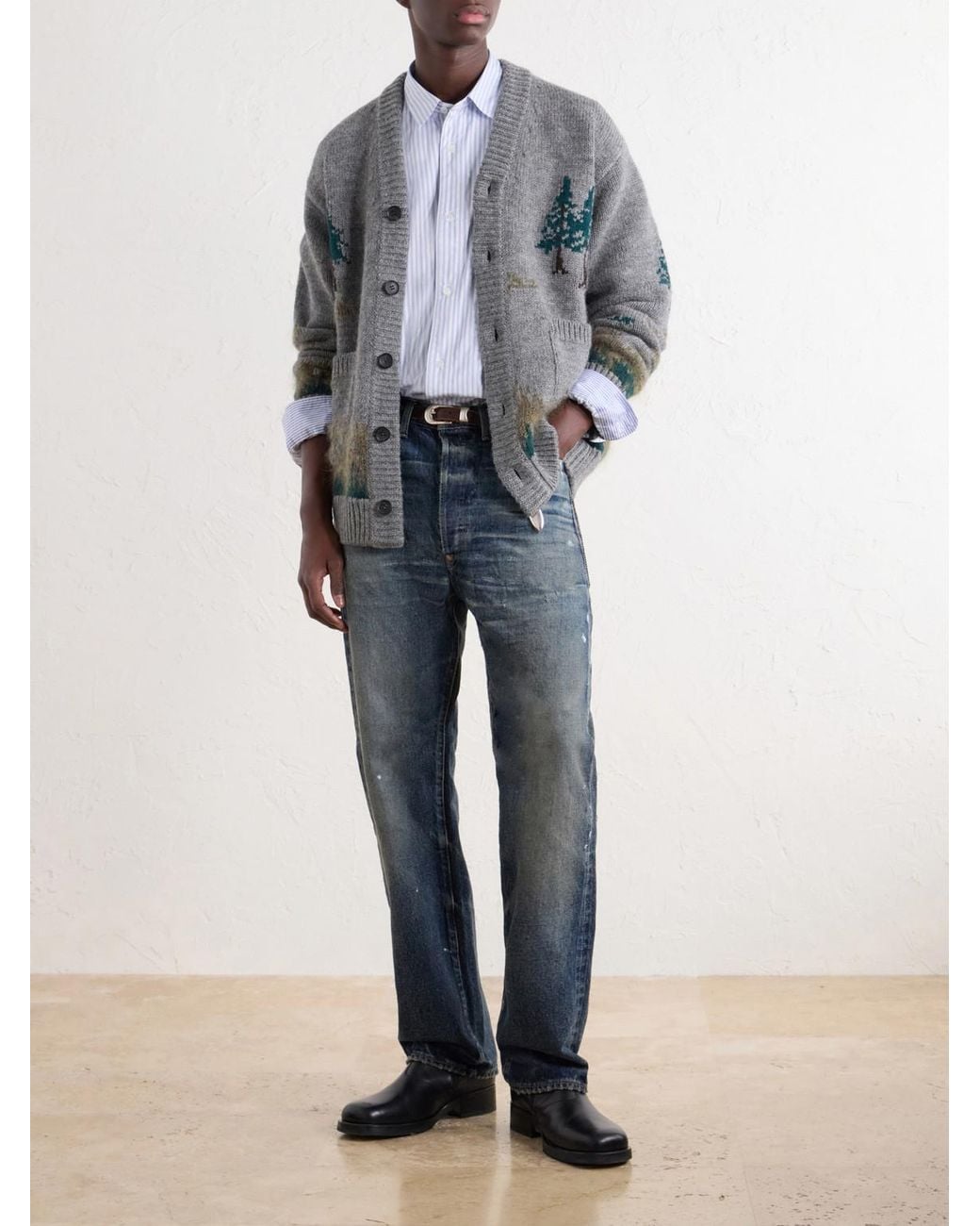 Junya Watanabe Blue Striped Corduroy And Twill-Trimmed Cotton-Poplin Shirt for men
