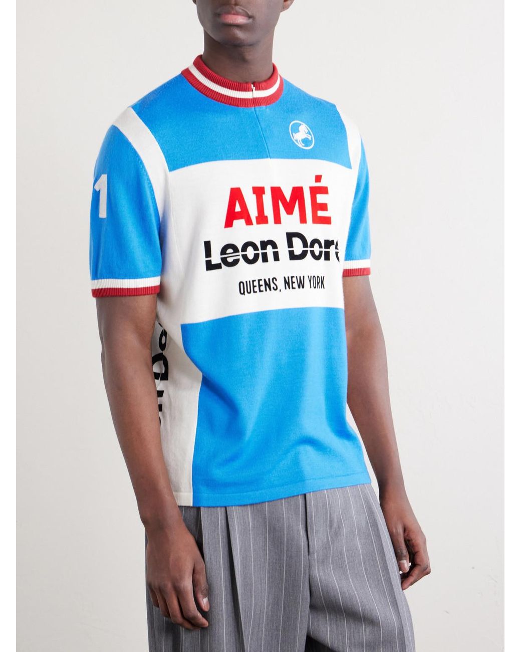 Aimé Leon Dore Blue Logo-Detailed Merino Wool Half-Zip T-Shirt for men