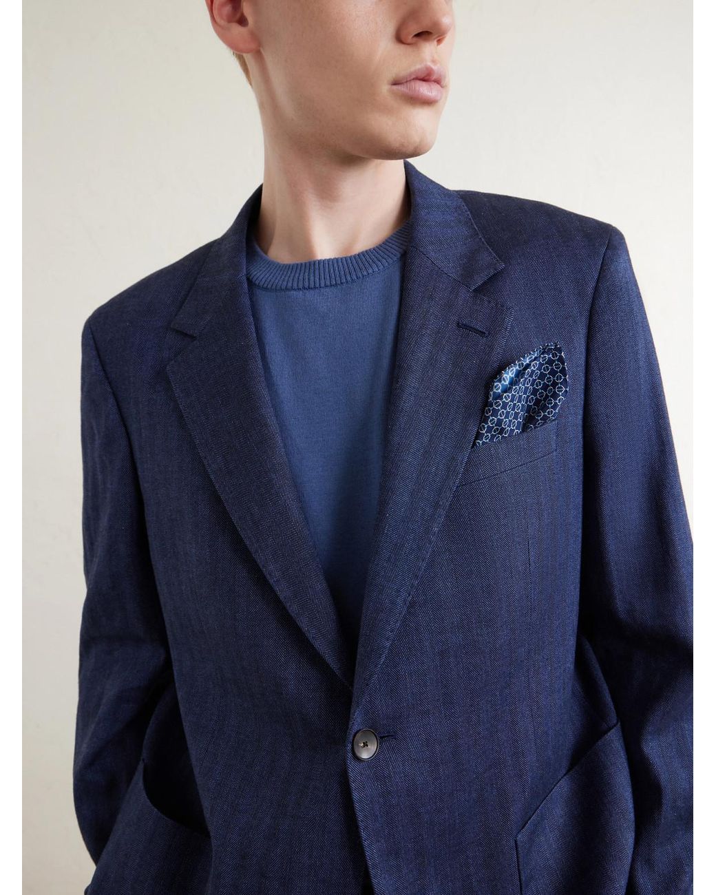 Mr P. Blue Herringbone Linen-Blend Suit Jacket for men