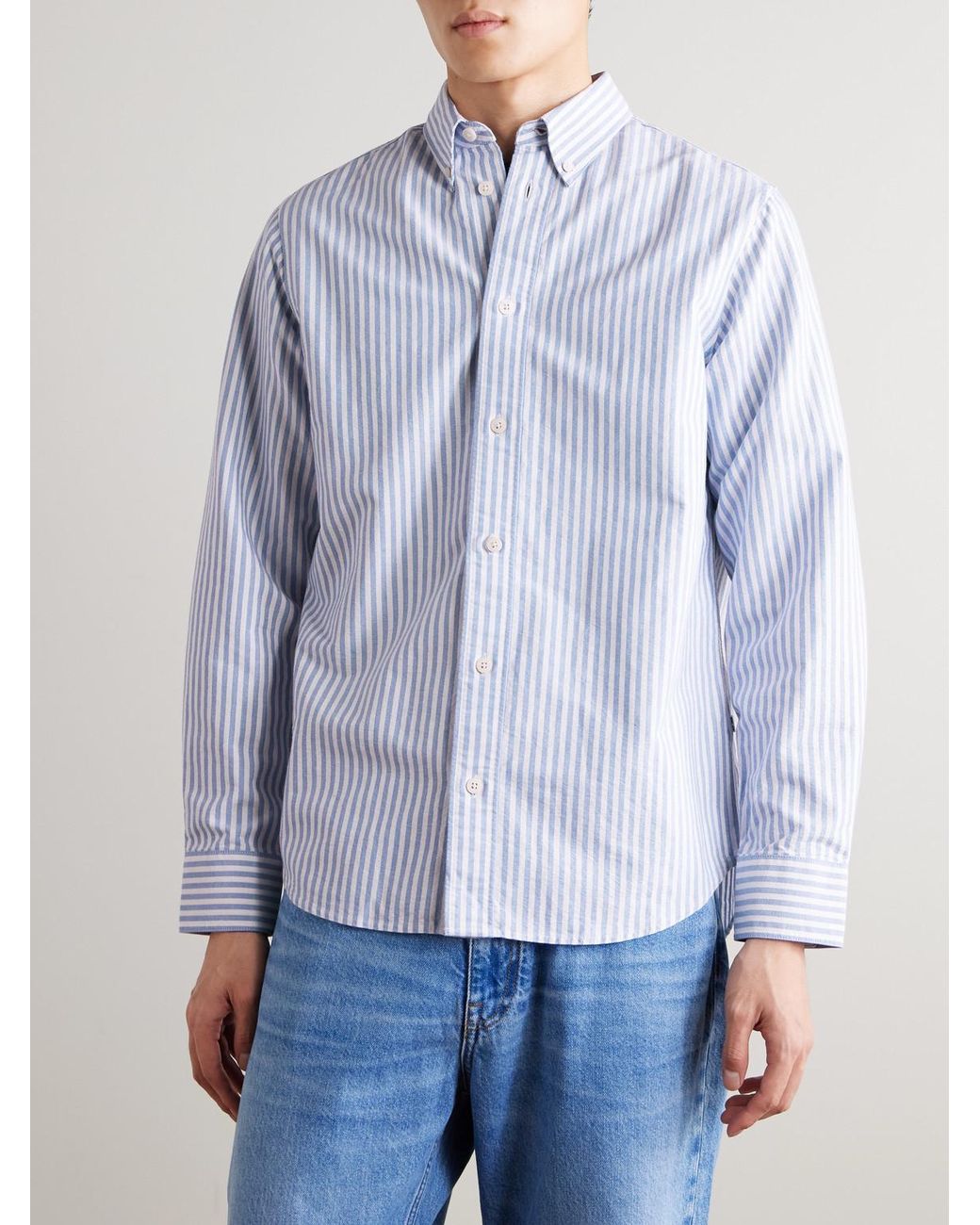 NN07 Blue Colby 5910 Button-Down Collar Striped Organic Cotton Oxford Shirt for men