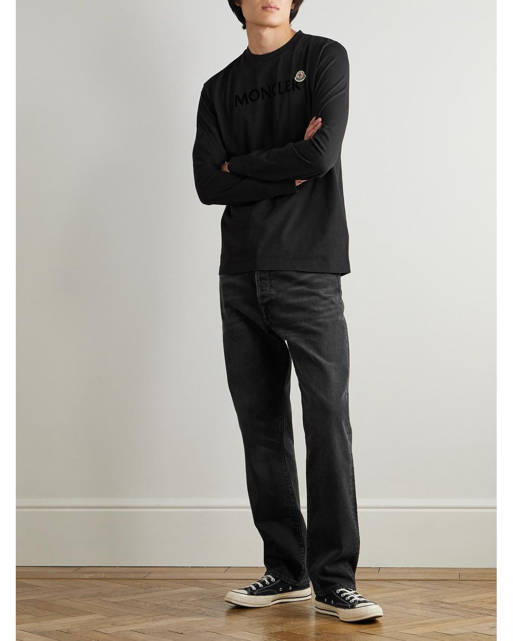 Moncler Black Logo-Flocked Cotton-Jersey T-Shirt for men