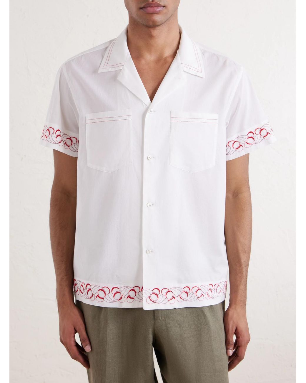 Bode White Cherry Lane Camp-collar Embroidered Cotton-poplin Shirt for men