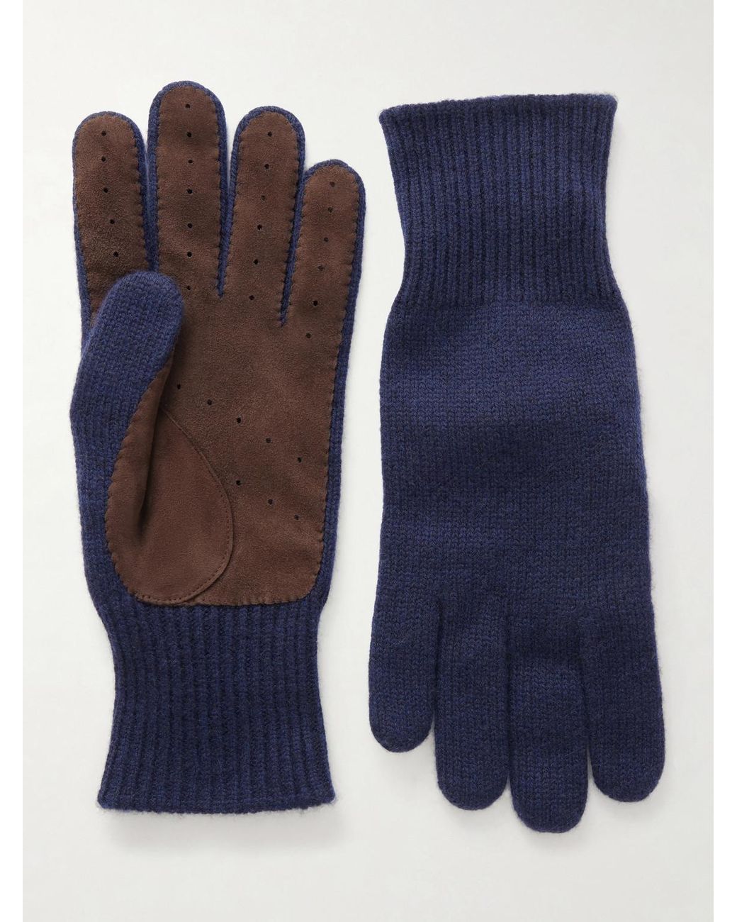 Brunello Cucinelli Blue Suede-Trimmed Cashmere Gloves for men