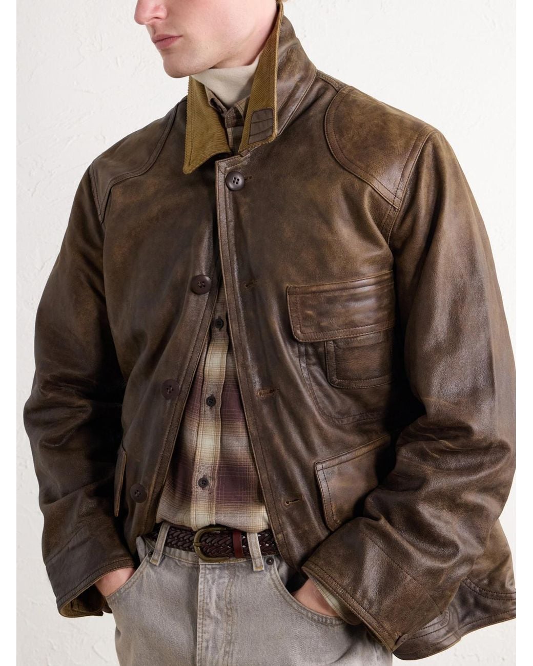 RRL Brown Corduroy-Trimmed Leather Jacket for men