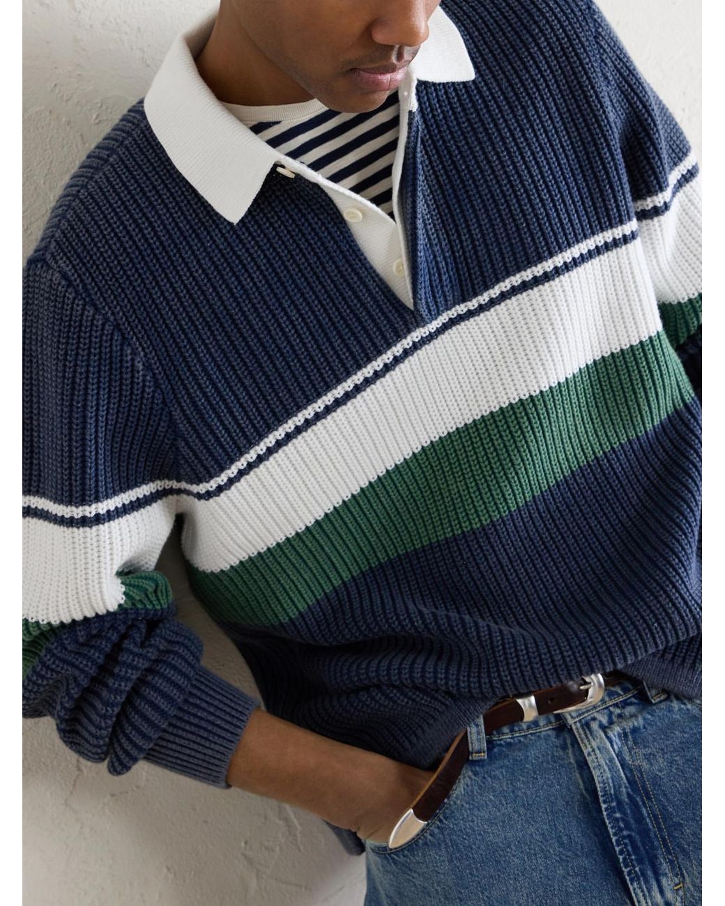 Aimé Leon Dore Blue Knitted Cotton Rugby Polo Sweater for men