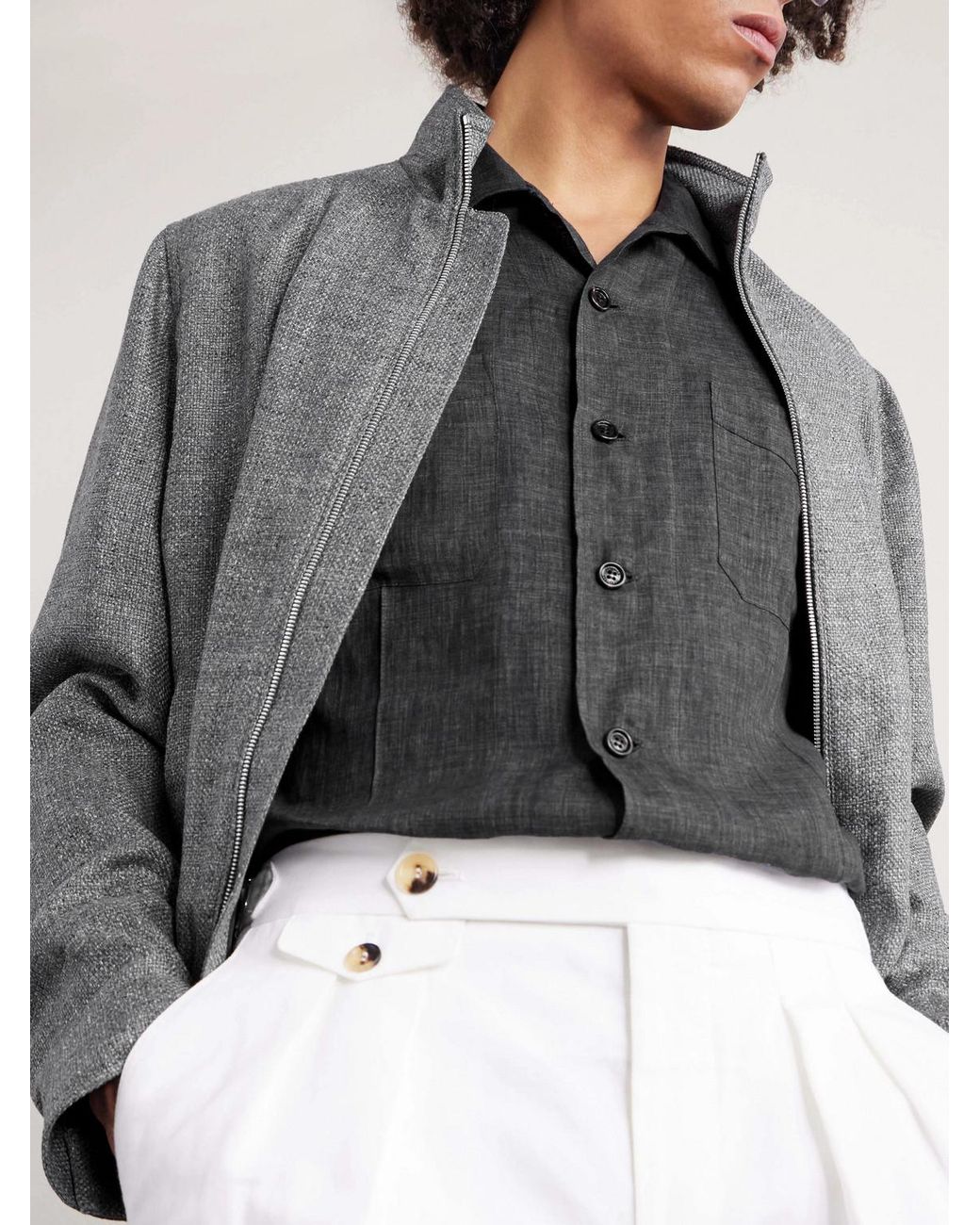 Brunello Cucinelli Black Camp-collar Linen Shirt for men