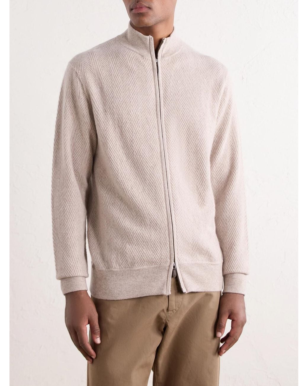 N.Peal Cashmere Natural Knightsbridge Herringbone Cashmere Zip-Up Cardigan for men