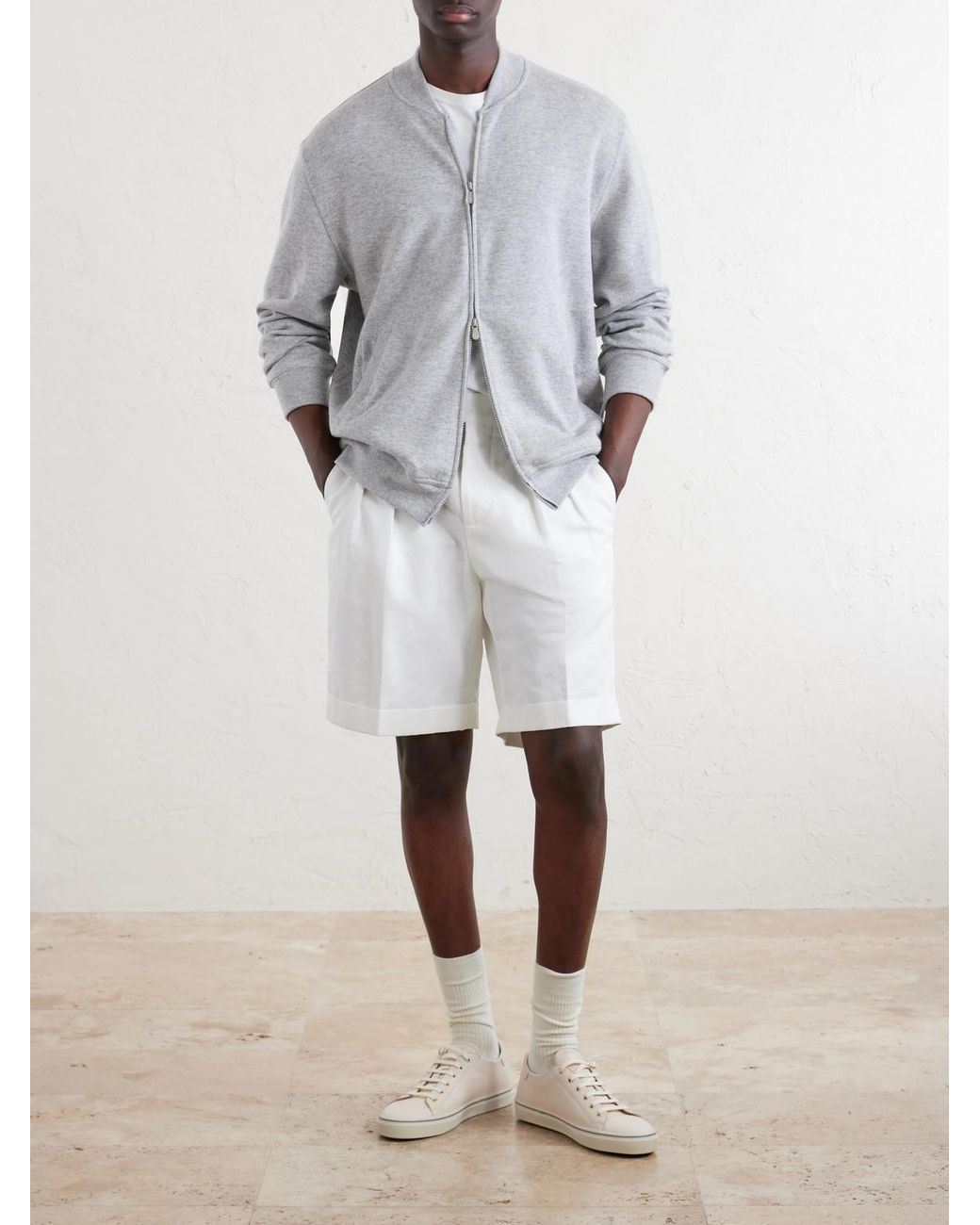Brunello Cucinelli White Cashmere-Blend Zip-Up Sweater for men