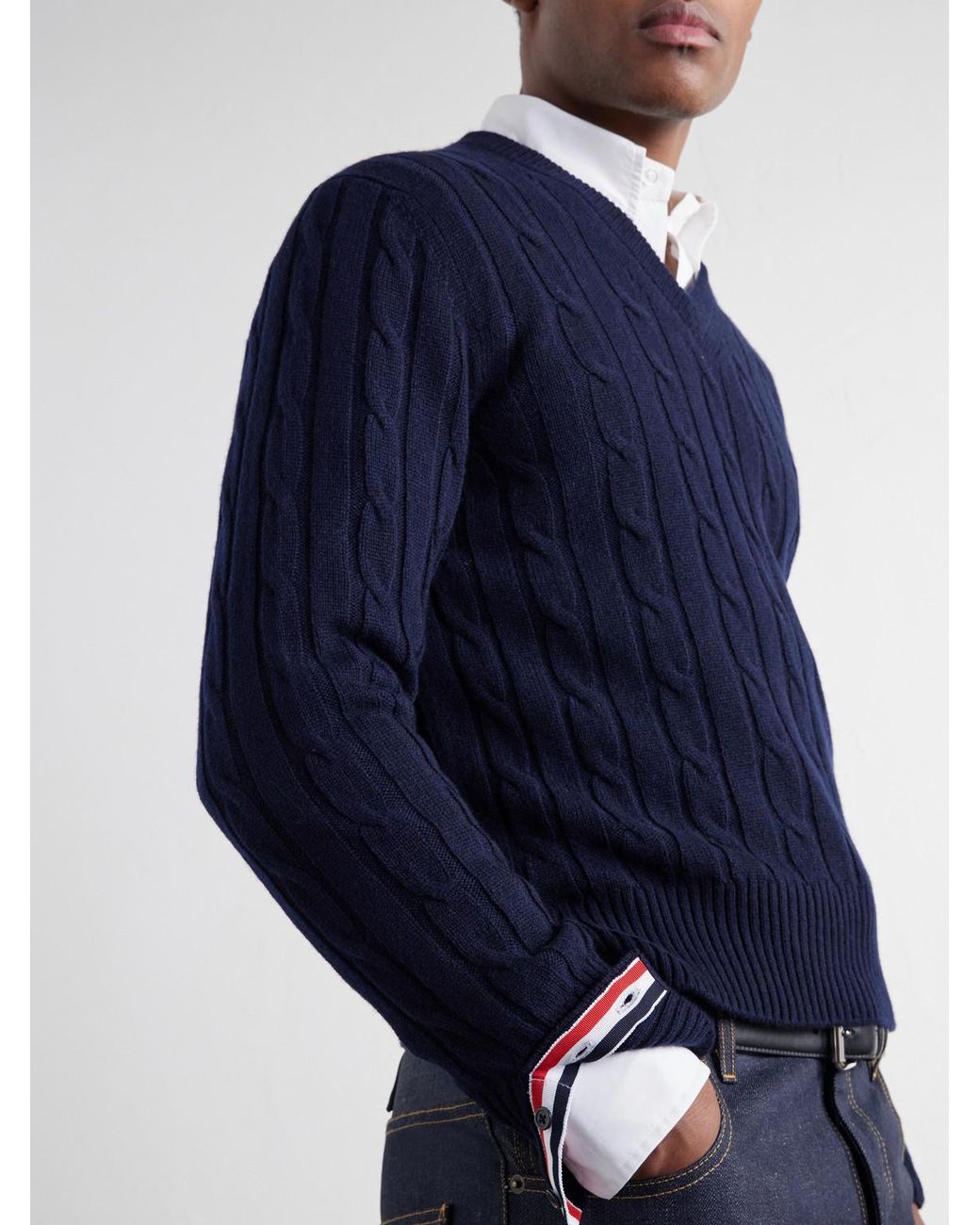 Thom Browne Blue 4-Bar Stripe Cable-Knit Cashmere Sweater for men