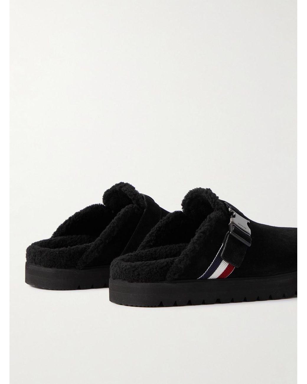 Moncler Black Fleece-Lined Suede Clogs for men
