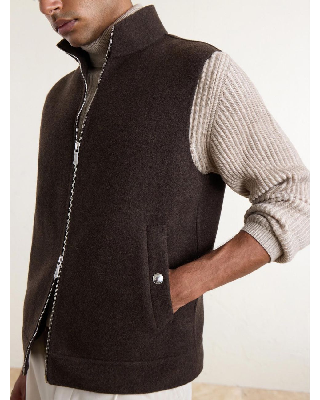Eleventy Brown Brushed-Wool Zip-Up Gilet for men