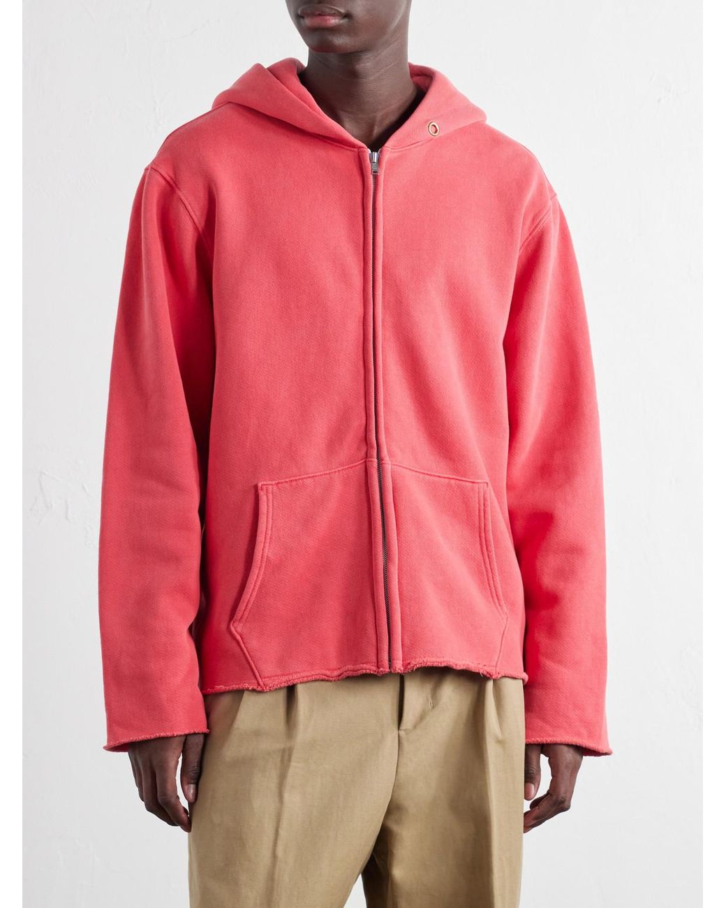 Les Tien Red Garment-Dyed Distressed Cotton-Jersey Zip-Up Hoodie for men