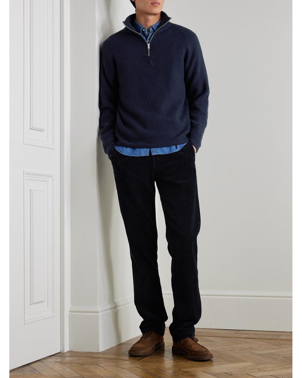 Ryker Ribbed Recycled-Cashmere And Wool-Blend Half-Zip Sweater di John Smedley in Blue da Uomo