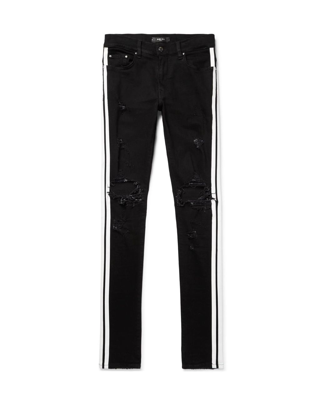 Amiri Track Skinny-fit Striped Distressed Stretch-denim Jeans in Black for  Men | Lyst