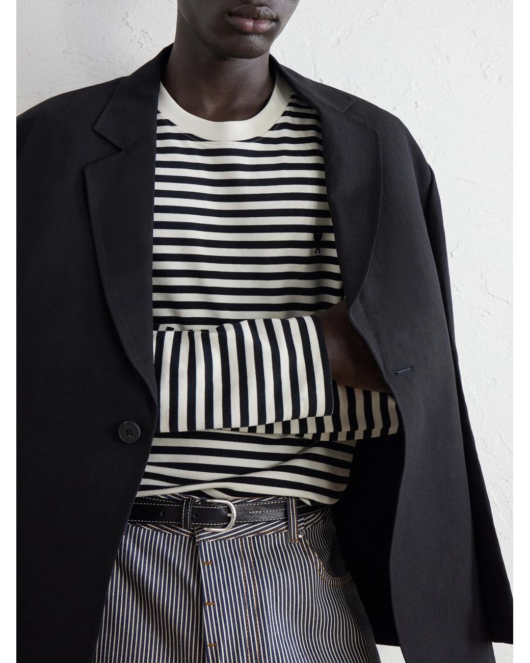 AMI Black Logo-embroidered Striped Cotton-jersey T-shirt for men