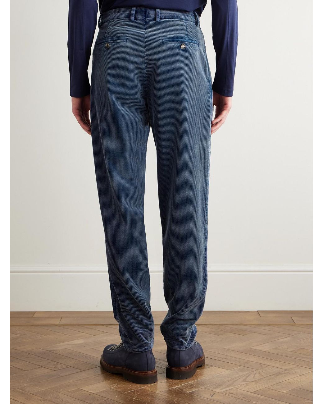 Brunello Cucinelli Blue Tapered Cotton-Corduroy Trousers for men