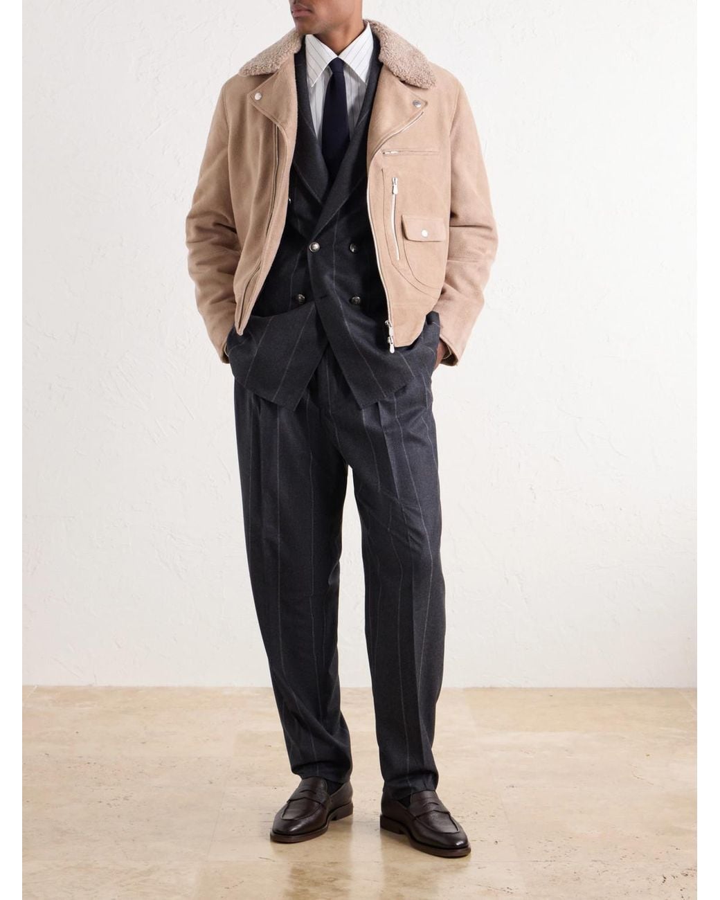 Brunello Cucinelli Blue Straight-Leg Pinstriped Pleated Wool, Silk And Cashmere-Blend Flannel Suit Trousers for men