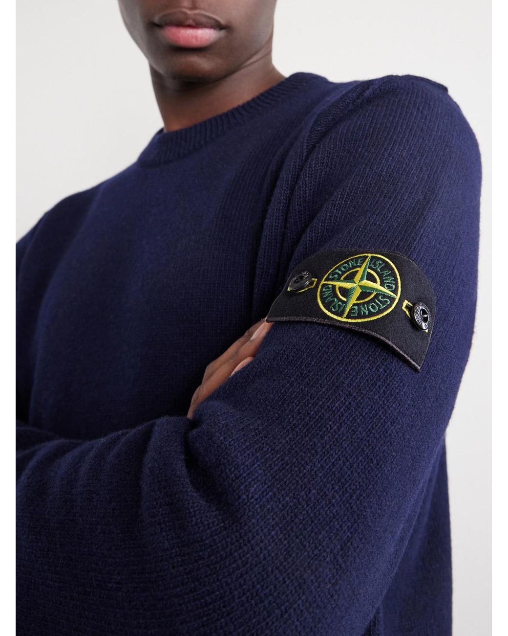 Stone Island Blue Logo-Appliquéd Wool-Blend Sweater for men