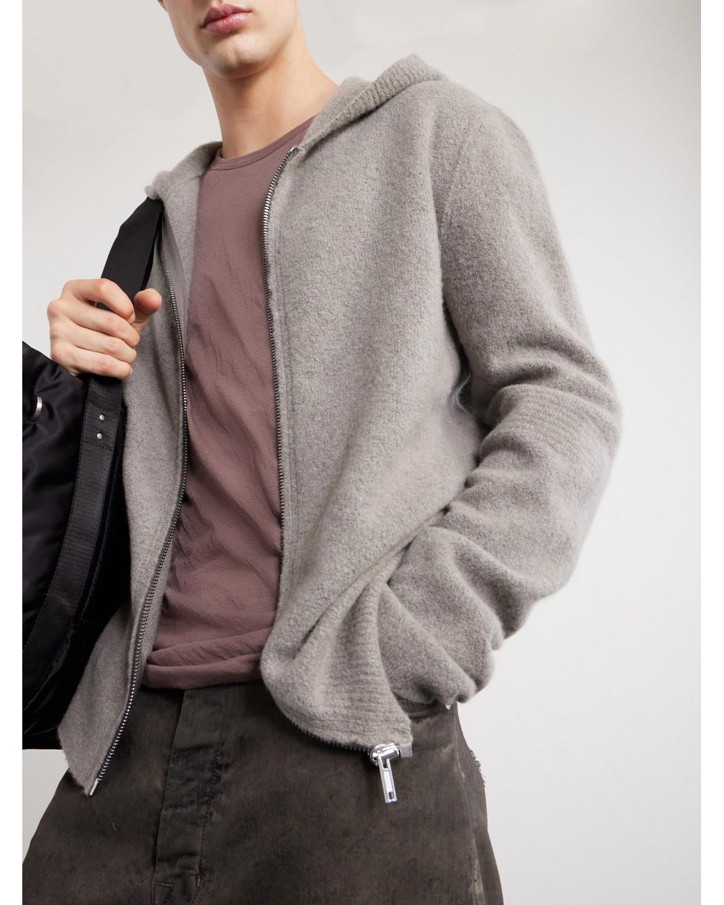 Rick Owens Gray Cashmere-Blend Felt Zip-Up Hoodie for men