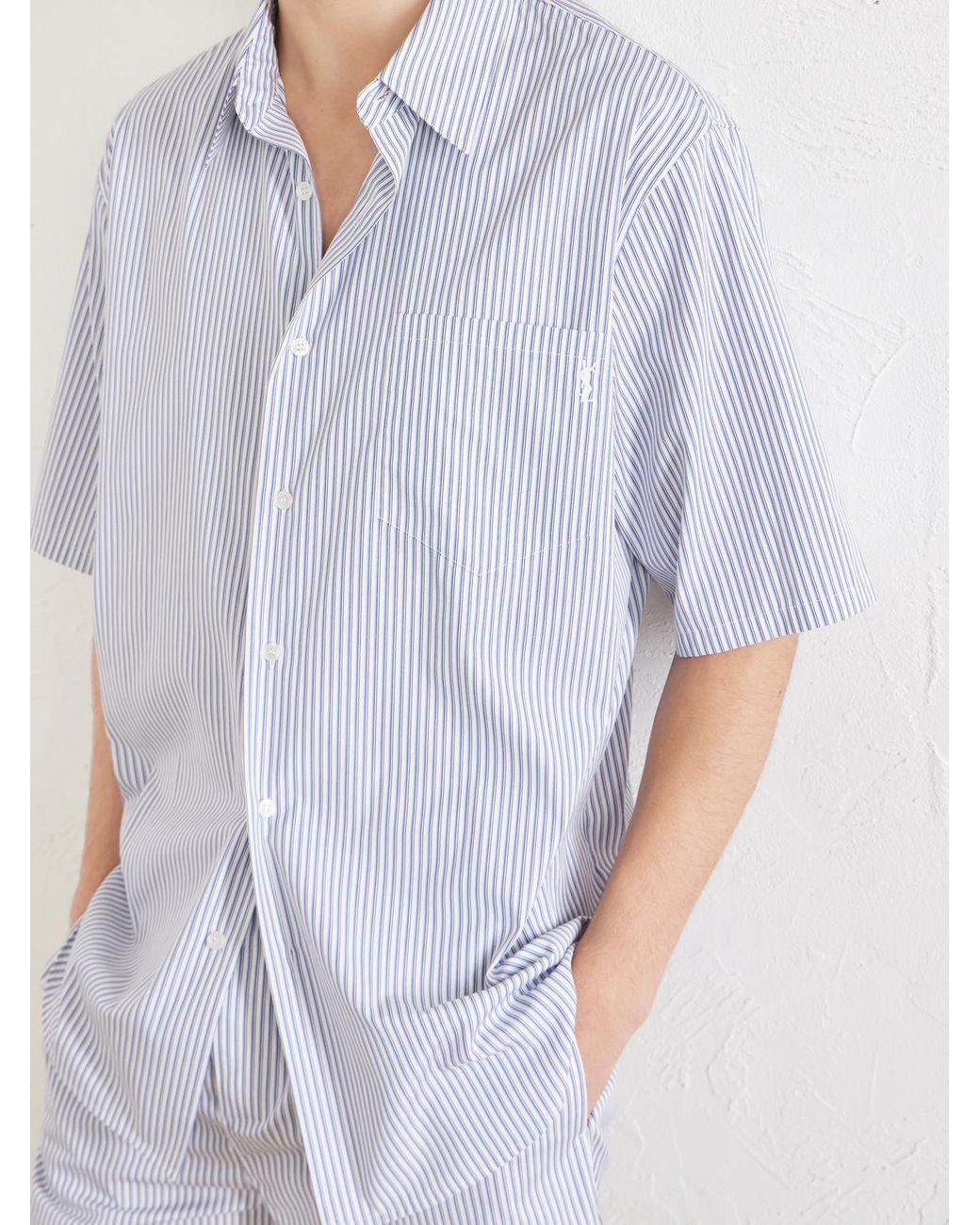 Saint Laurent Blue Logo-embroidered Striped Cotton-poplin Shirt for men