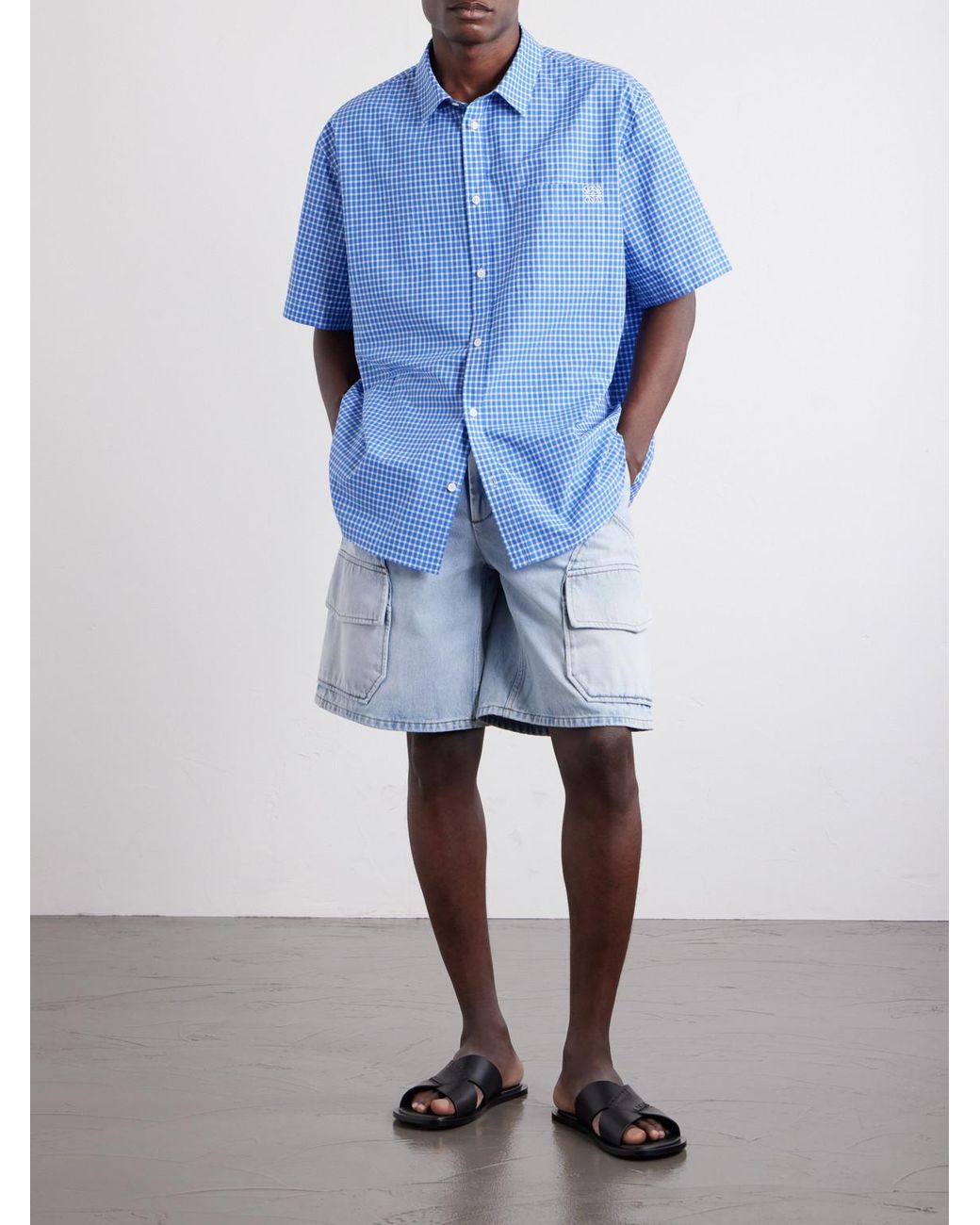 Loewe Blue Paula's Ibiza Logo-Embroidered Checked Cotton-Poplin Shirt for men