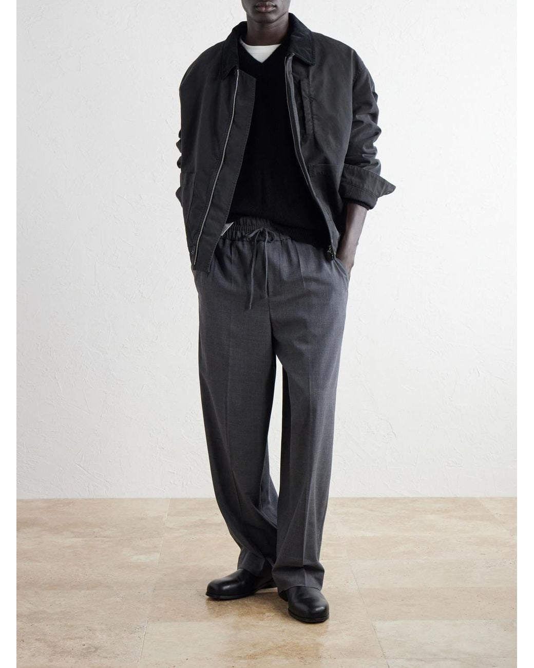 AMI Gray Wide-Leg Virgin Wool Trousers for men