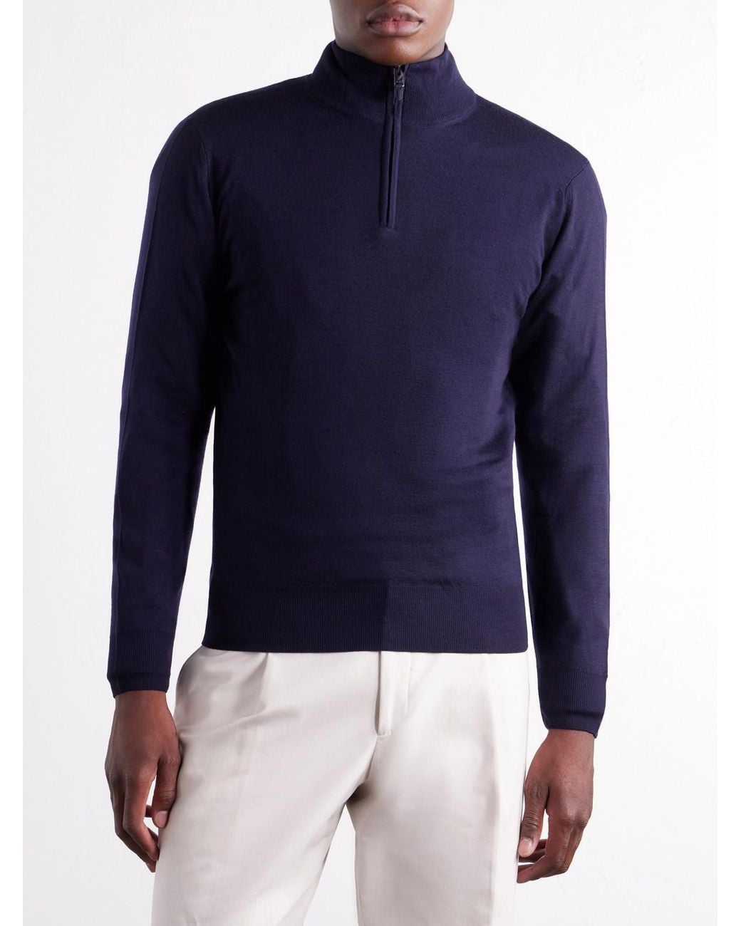 Canali Blue Rib-Trimmed Wool Half-Zip Sweater for men
