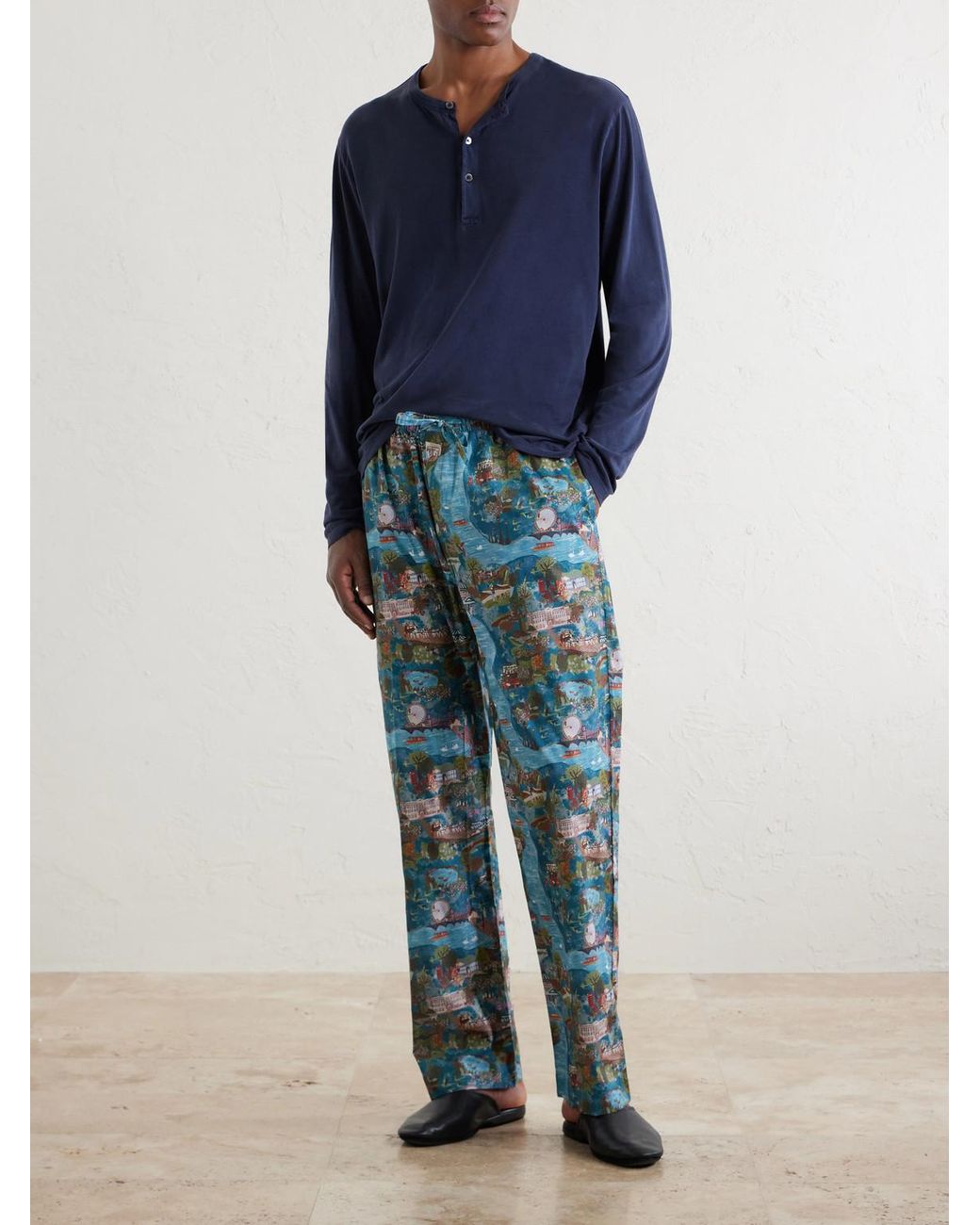 Derek Rose Blue Ledbury 100 Printed Cotton Pyjama Trousers for men