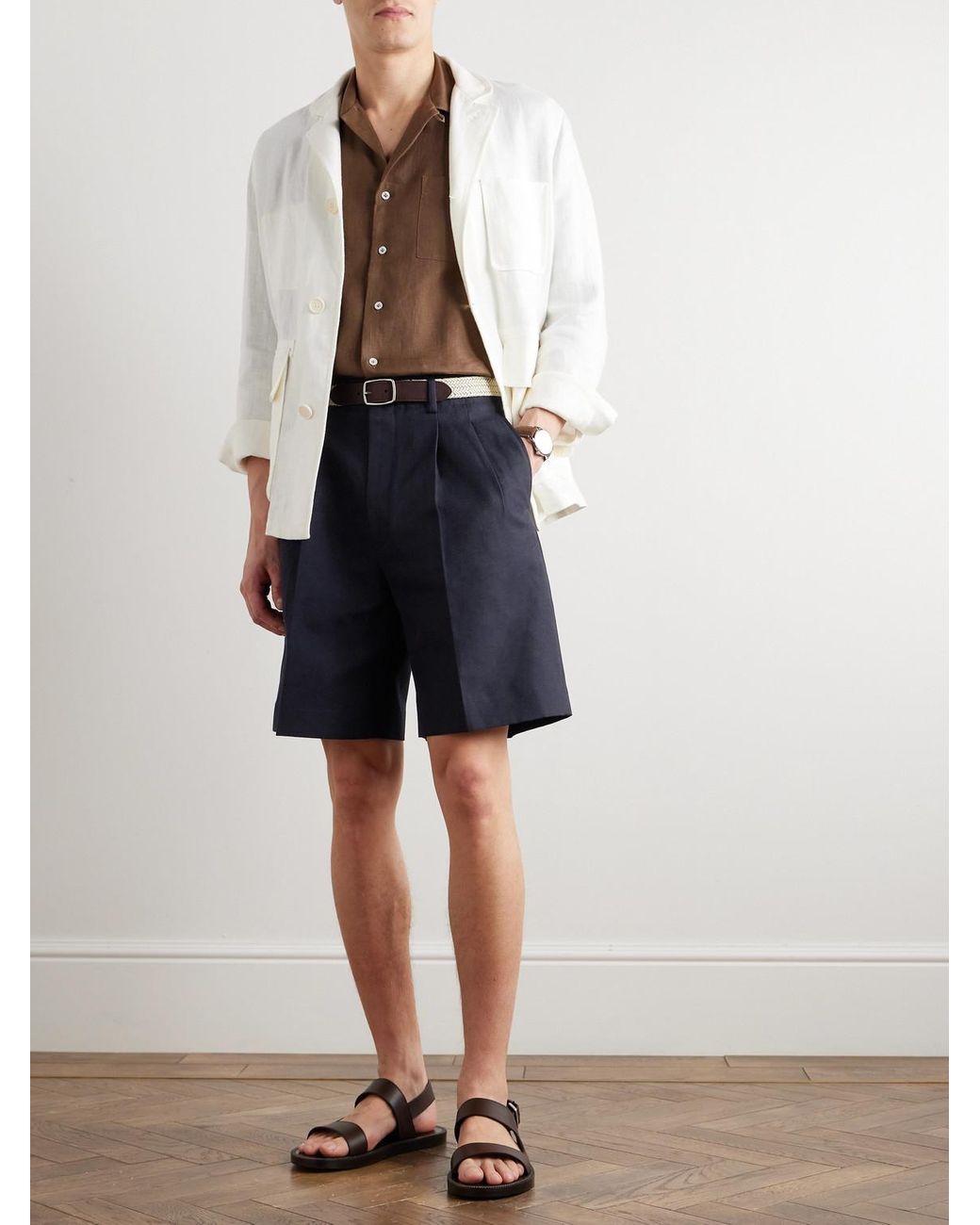 Loro Piana Blue Joetsu Straight-Leg Pleated Cotton And Linen-Blend Twill Bermuda Shorts for men