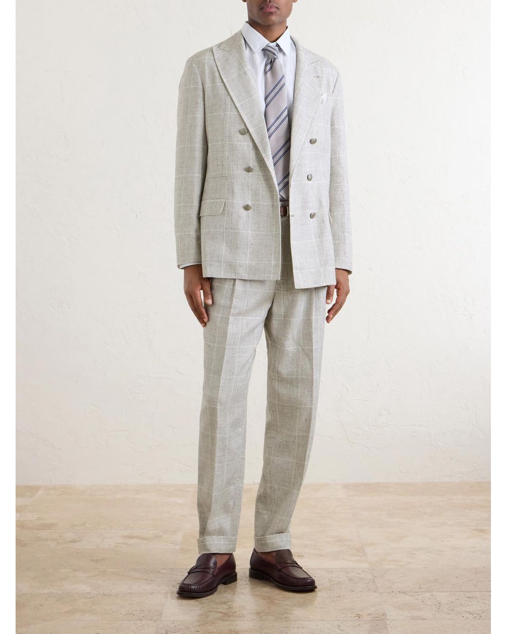 Brunello Cucinelli Gray Double-Breasted Checked Linen-Blend Suit Jacket for men