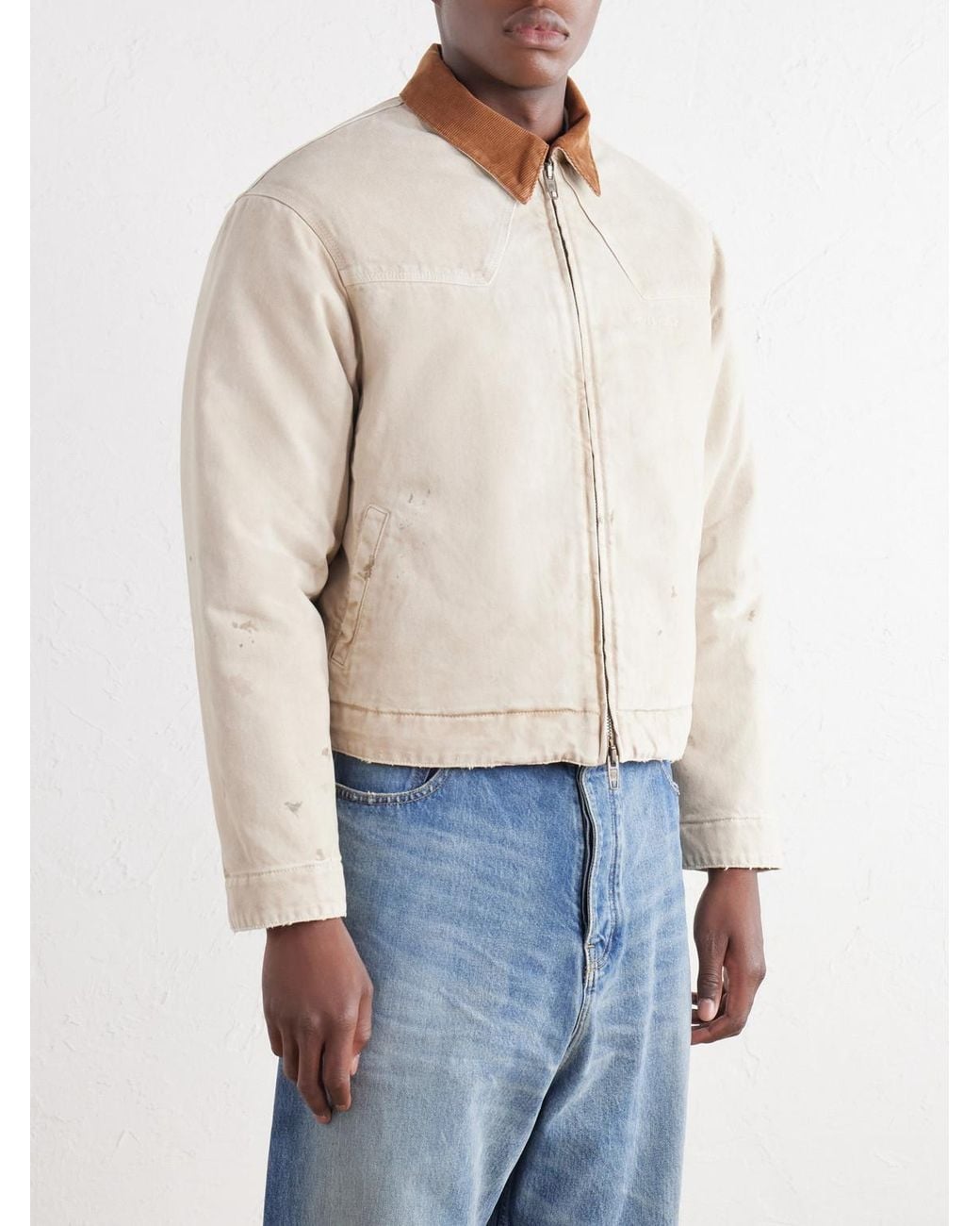 Balenciaga Natural Logo-Embroidered Corduroy-Trimmed Paint-Splattered Denim Jacket for men