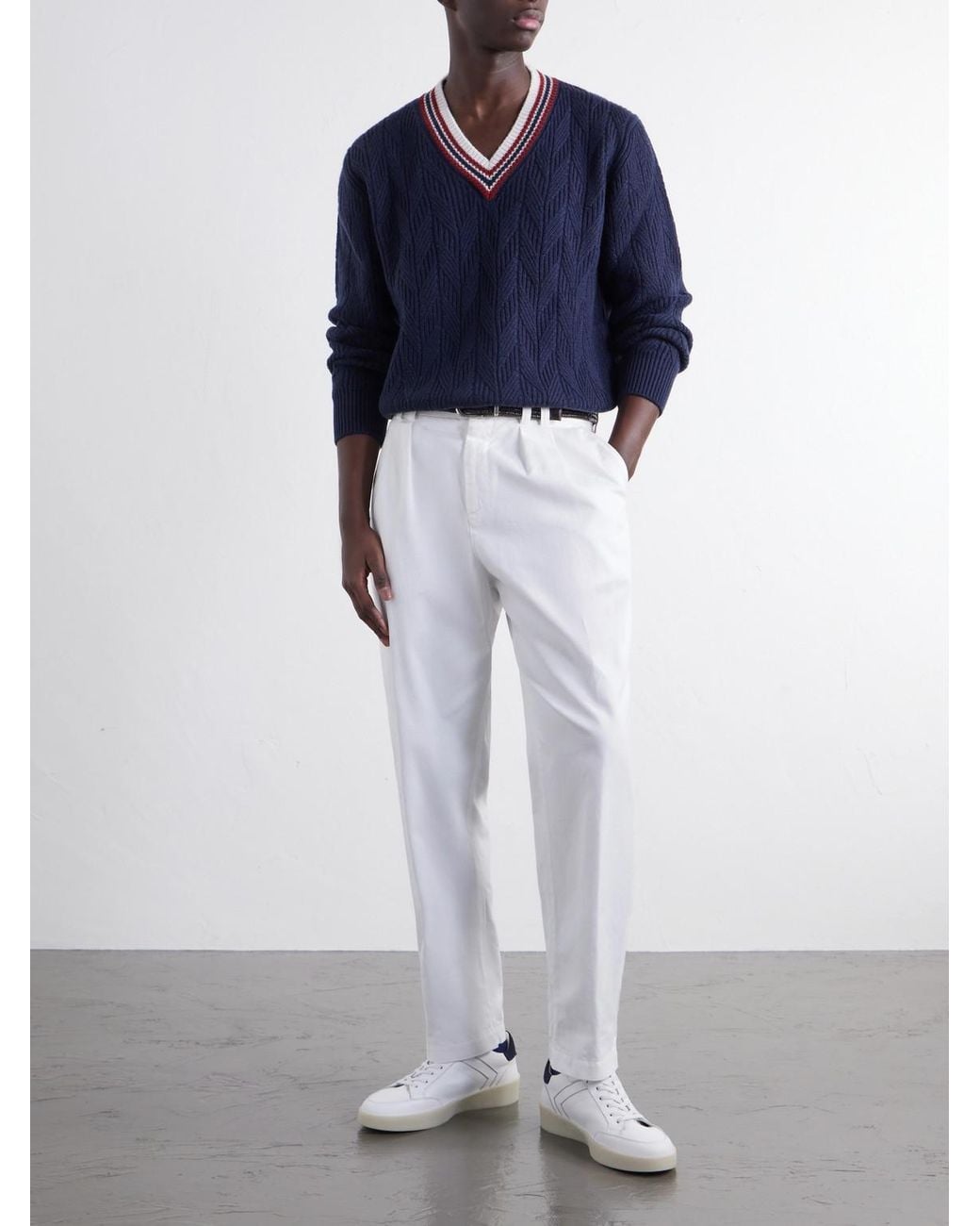 Canali Blue Herringbone Wool And Cashmere-Blend Sweater for men