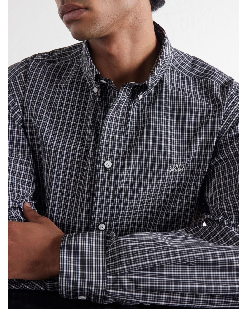 Loewe Gray Logo-Embroidered Checked Shirt for men