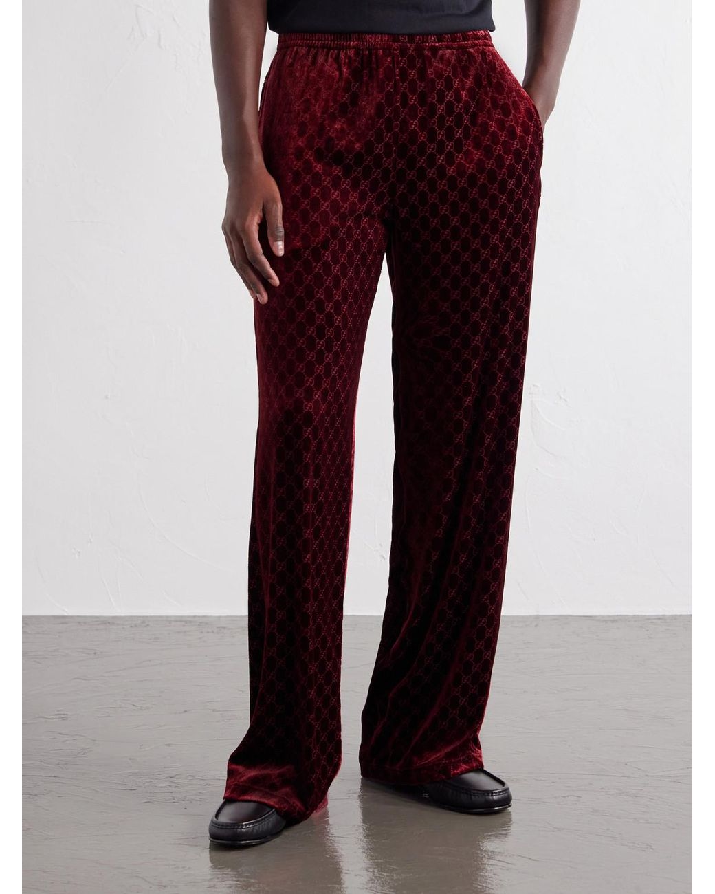 Gucci Red Straight-Leg Gg Supreme Velvet Trousers for men