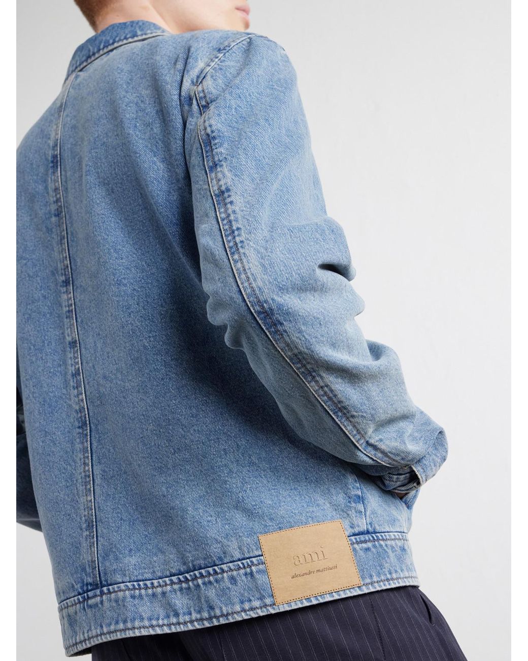 AMI Blue Logo-Embroidered Washed-Denim Jacket for men
