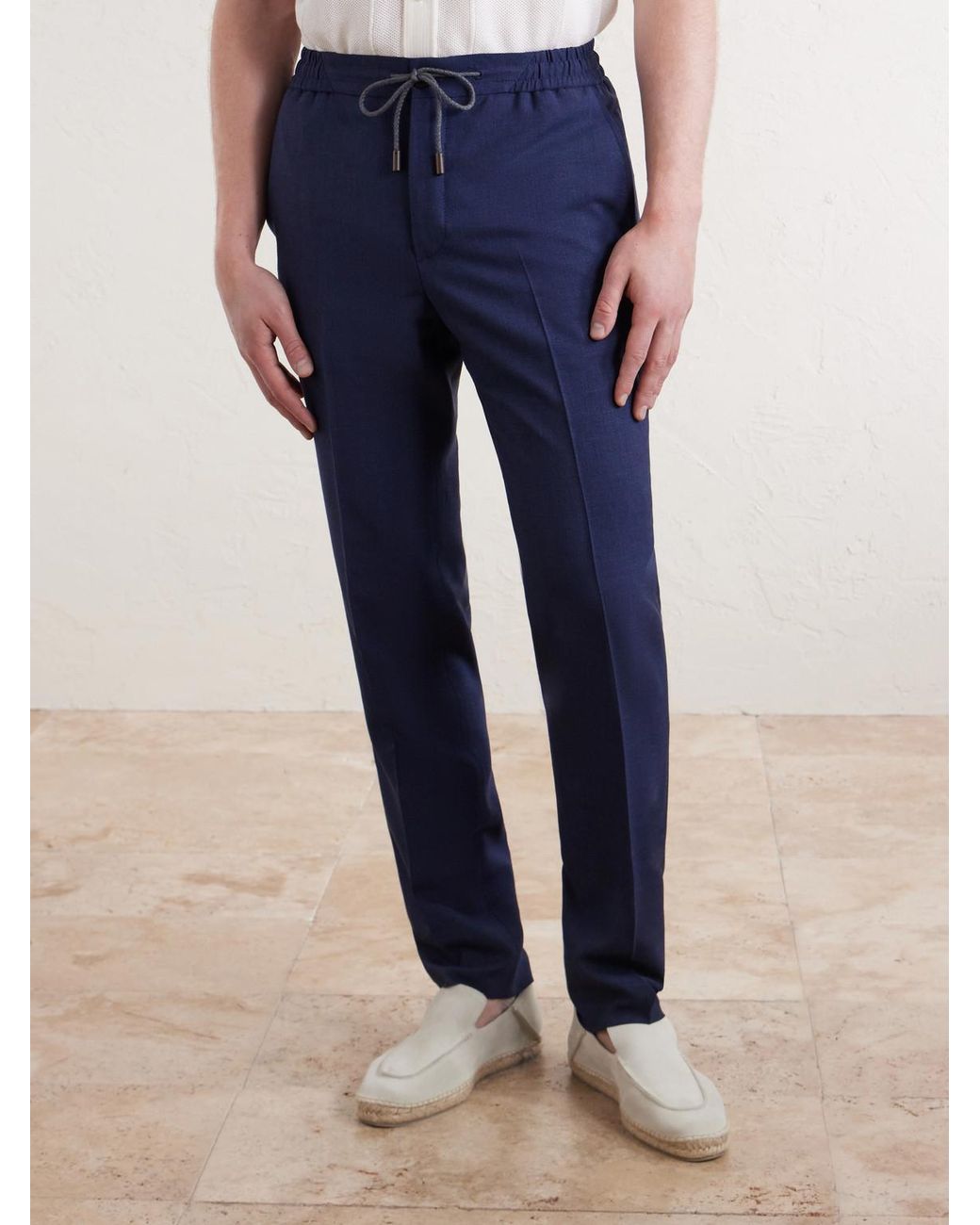 Slowear Blue Tapered Pleated Virgin Wool, Silk And Linen-Blend Drawstring Trousers for men