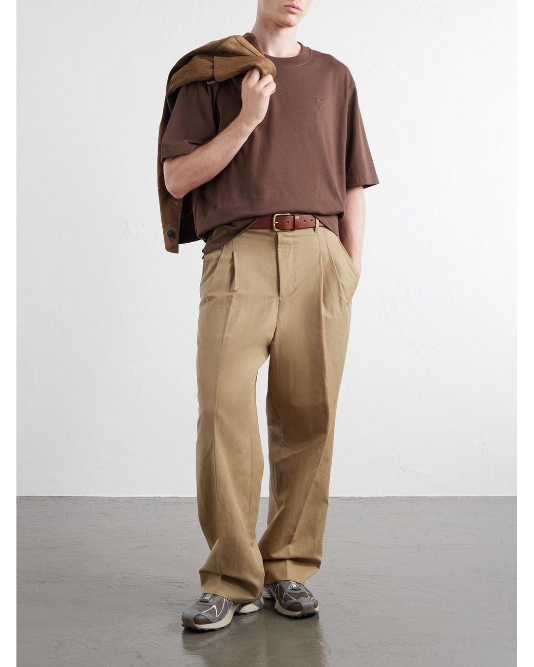 AMI Brown Logo-Embroidered Cotton-Jersey T-Shirt for men