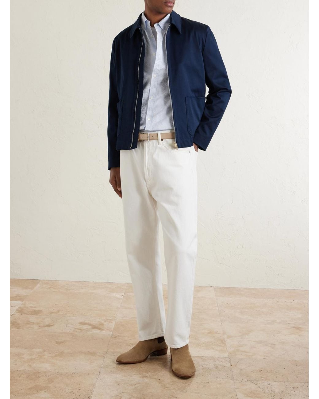 Mr P. White Button-Down Collar Striped Cotton-Seersucker Shirt for men