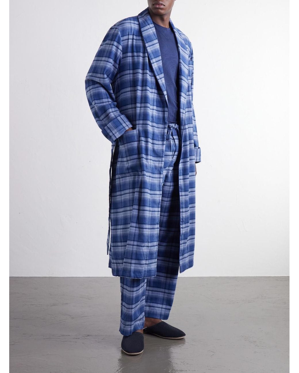 Derek Rose Blue Kelburn Belted Checked Brushed Cotton-Flannel Robe for men