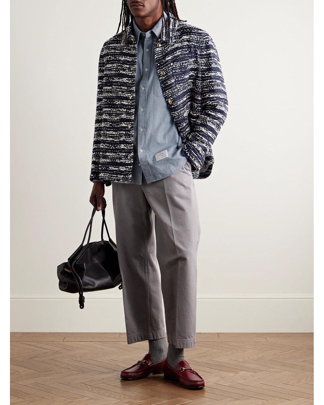 Thom Browne Blue Button-down Collar Striped Cotton-flannel Shirt for men