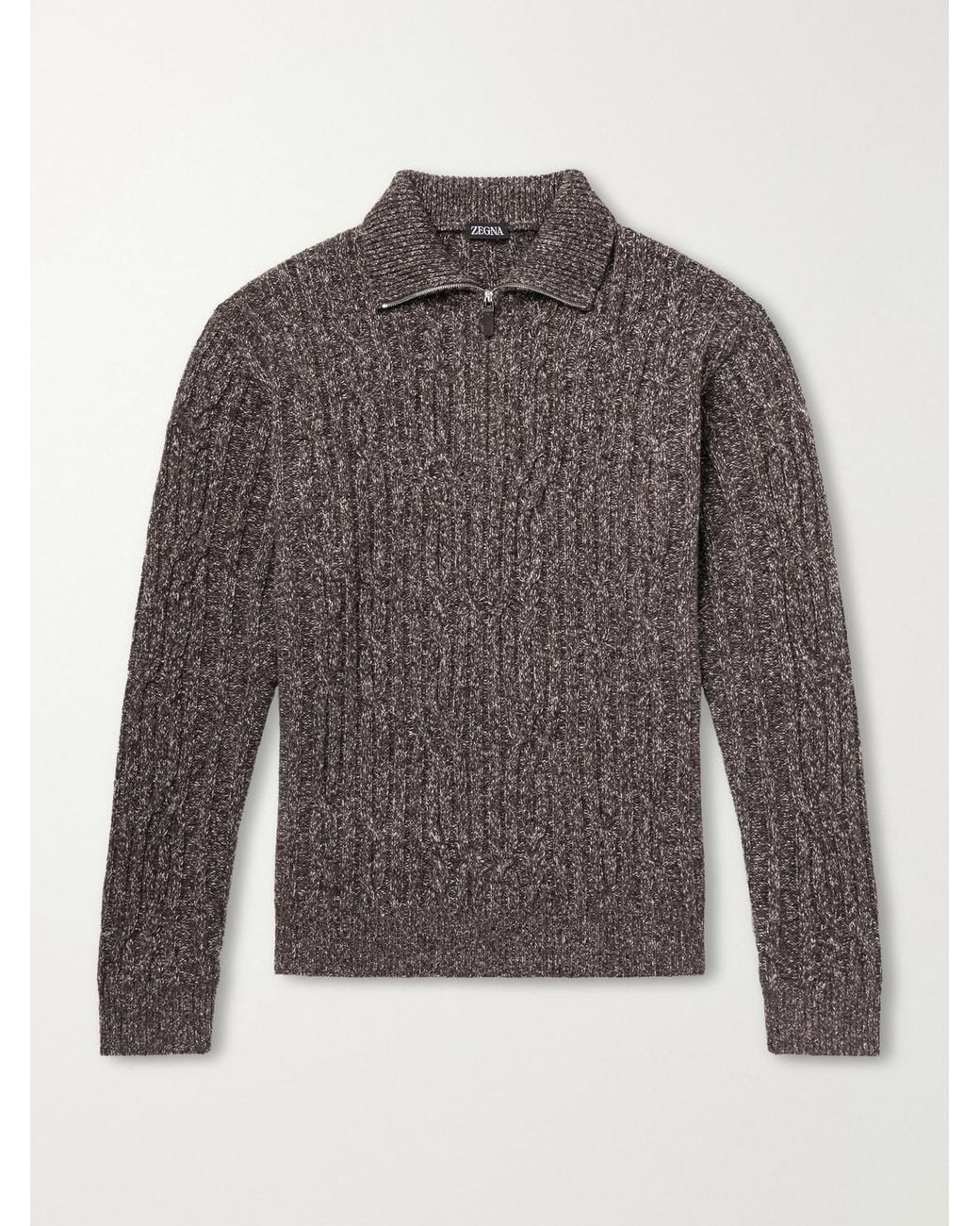 Zegna Gray Cable-Knit Wool And Cashmere-Blend Half-Zip Sweater for men