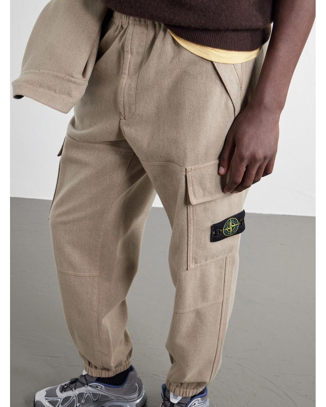 Stone Island Natural Garment-Dyed Wool-Blend Nylon Flannel-Tc Cargo Sweatpants for men