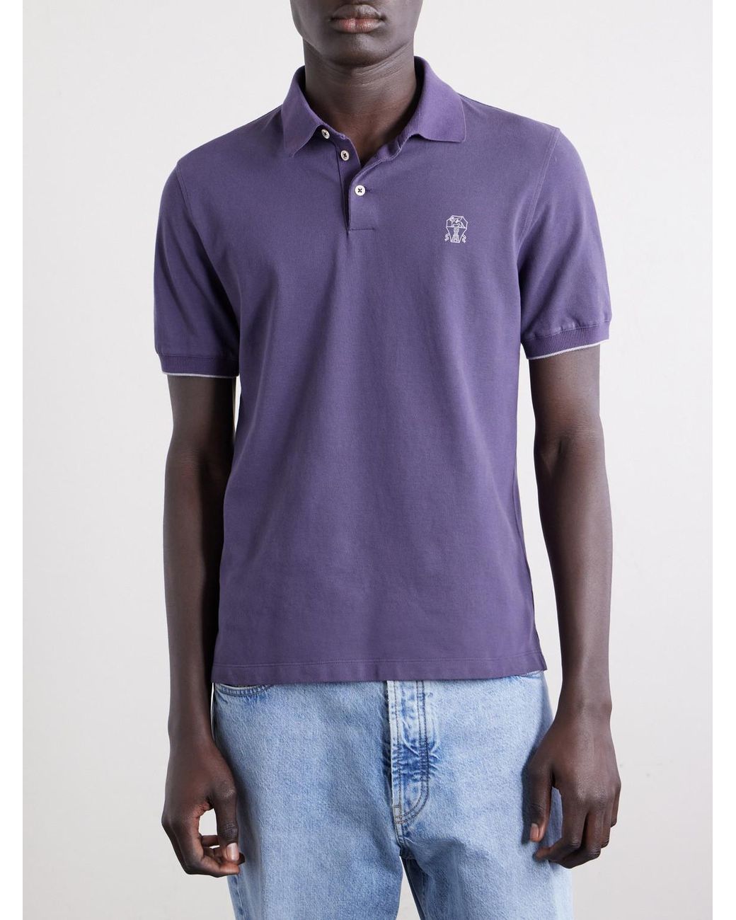 Brunello Cucinelli Purple Logo-Print Cotton-Piqué Polo Shirt for men