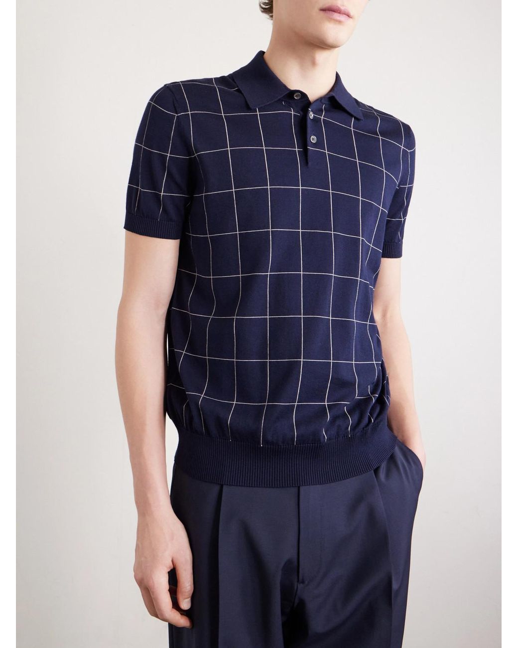 Dunhill Blue Checked Cotton And Mulberry Silk-Blend Jacquard Polo Shirt for men