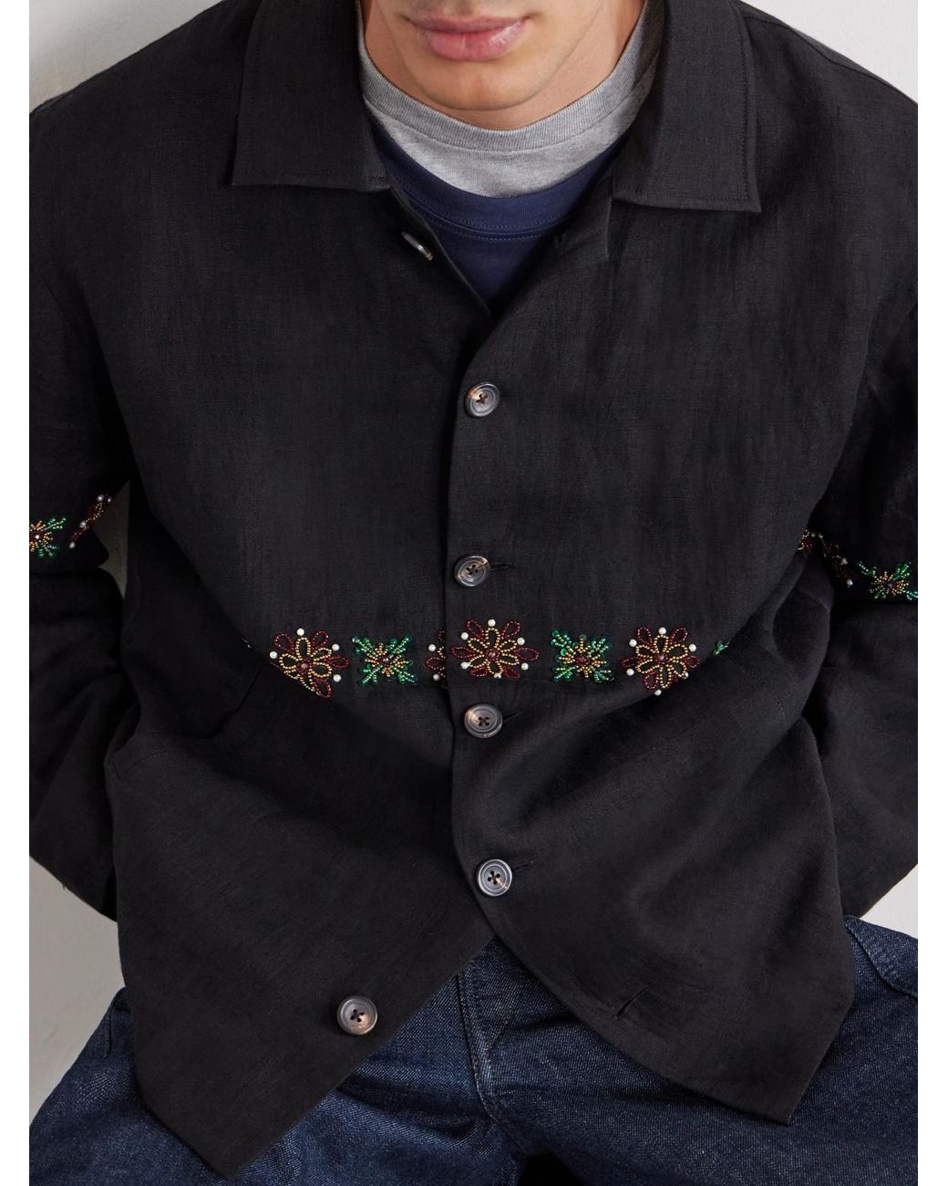 Kartik Research Blue Embroidered Linen Shirt for men