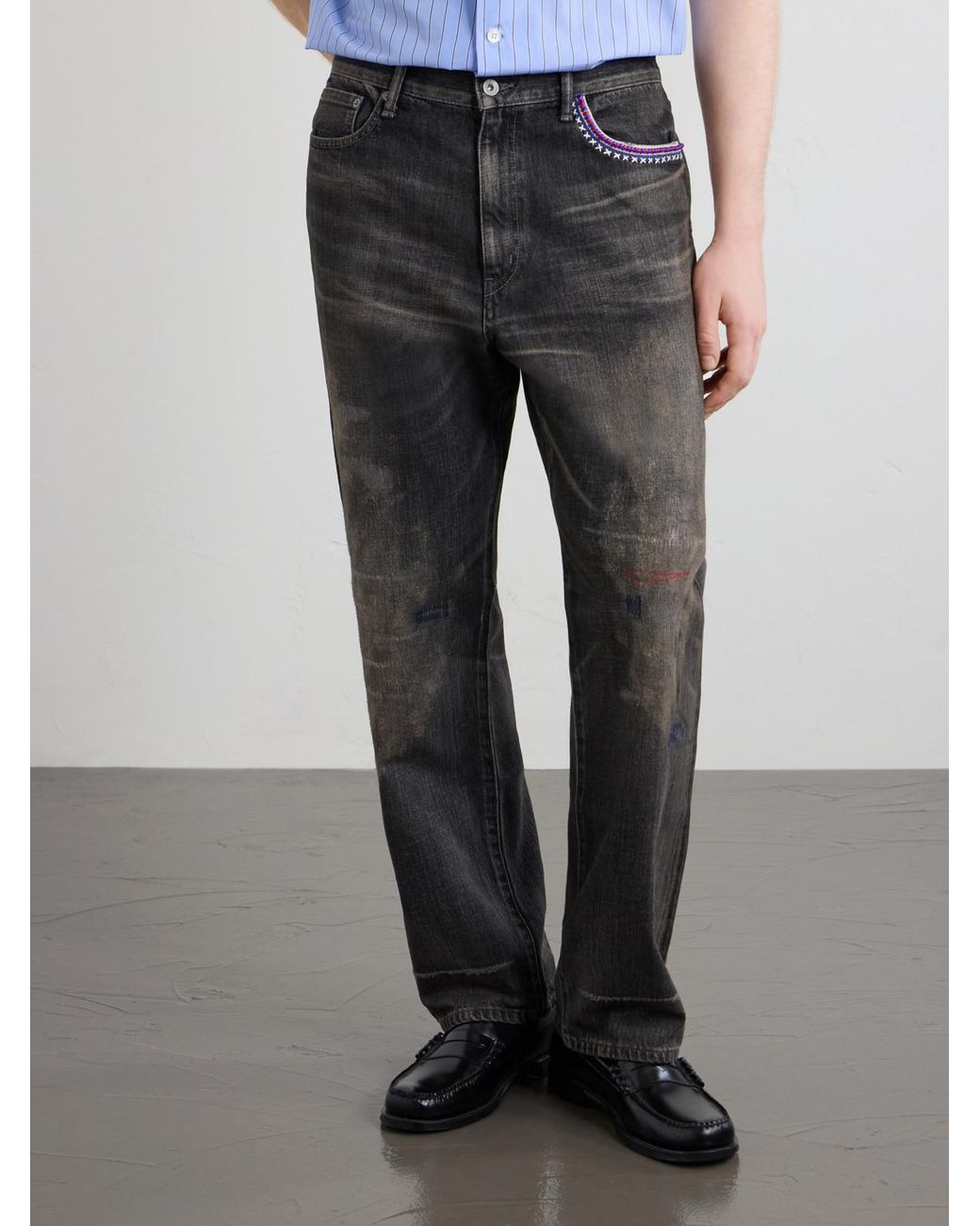 Neighborhood Gray Savage Straight -Leg Bead-Embellished Distressed Jeans for men